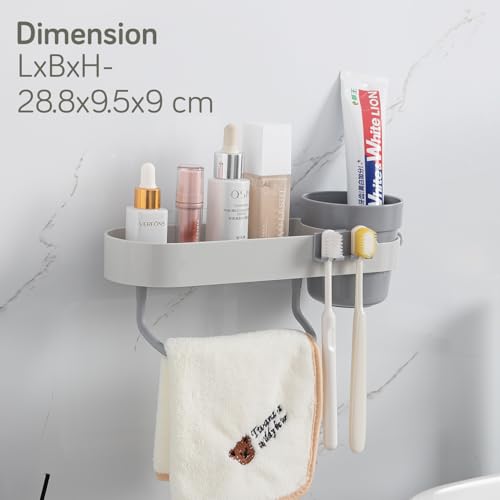 Image of HOKIPO Wall-Mounted Bathroom Shelf with Cup Holder & Towel Rod | Stickable Bathroom Organizer | No Drill Self Adhesive Storage Rack | Magic Sticker Bathroom Accessories Set (AR-6090)