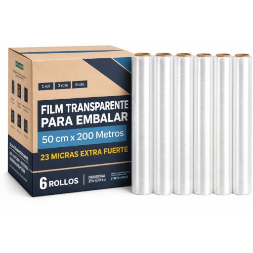 Film Negro para embalaje, Rollo de Film Elástico Manual Industrial, rollo embalaje negro, Grosor de 23 micras extra fuerte, 50 cm de ancho x 200 Metros largo (Transparente, 6 Unidades)