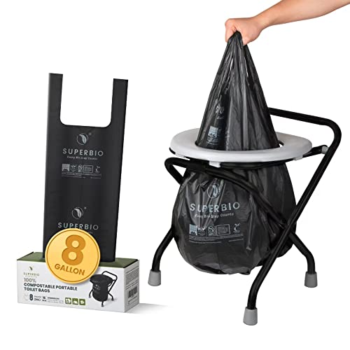 Superbio 8 Gallon Compostable Handle Tie Portable Toilet Bags For Travel, Camping And Outdoor Getaways. 15 Count, Opaque, Leak-Proof Odorless Porta Potty Liners Certified By Bpi And Ok Compost #TOP7