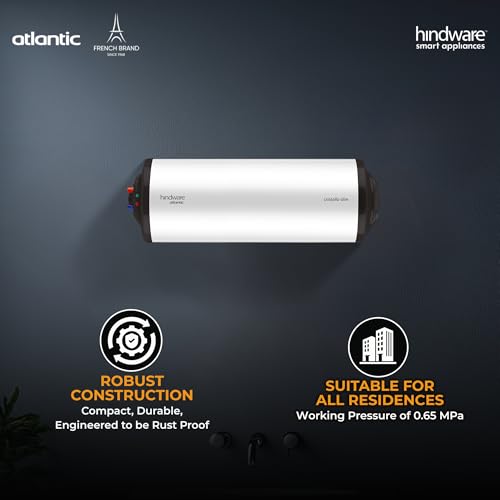 Image of Hindware Atlantic Cristallo Slim 15L Horizontal Storage Heater (Geyser) White, Wall Mounting