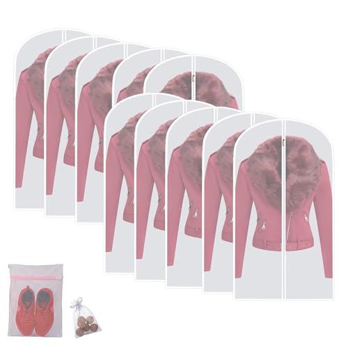 Garment Bags for Hanging Clothes (Set of 12) Suit Bags for Closet Storage, Plastic Waterproof Suit Cover Bag with Zipper for Coats, Jackets, Shirts 24'' x 40''