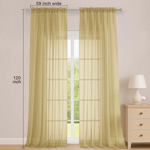 Image of OWENIE Gold Sheer Curtains 120 Inches Long 2 Panels Set, Airy Lightweight Sheer Gold Curtains for Living Room Bedroom, Farmhouse Voile Filmy Rod Pocket Curtains Drapes, 2 Pcs, Each 59 inch Wx120 L Inch