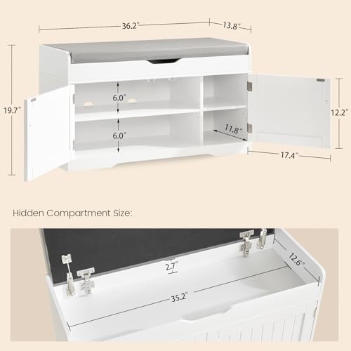Image of TEENFON 2-Tier Storage Bench, Shoe Bench with Adjustable Shelf & Lift Top Storage, Entryway Bench with Cushioned Seat,13.8 inchD x 36.2 inchW x 19.7 inchH, Shoe Organizer for Entryway, Living Room, Bedroom, White