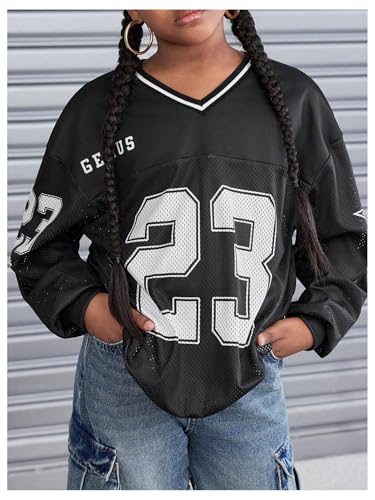 WDIRARA Girl's Y2k Jersey Sweatshirt Oversized Mesh Number Graphic V Neck Long Sleeve Pullover Tops4