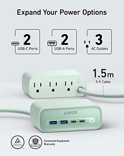 Anker 525 Charging Station, 7-In-1 Usb C Power Strip For Iphone13/14, 5Ft Extension Cord With 3Ac,2Usb A,2Usb C,Max 65W Power Delivery Desktop Accessory For Macbook Pro, Home, Office (Natural Green) #TOP2