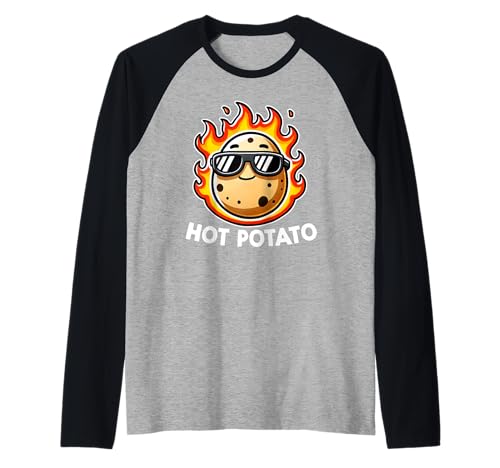 Lindo Juego de palabras de comida divertida de dibujos animados Kawaii en el fuego Patata caliente Camiseta Manga Raglan