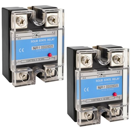 SSR-25DD Solid State Relays (Pack of 2) - DC 3–32V Input, DC 5–200V Output, 25A Single Phase for Industrial Automation &amp; Temperature Control