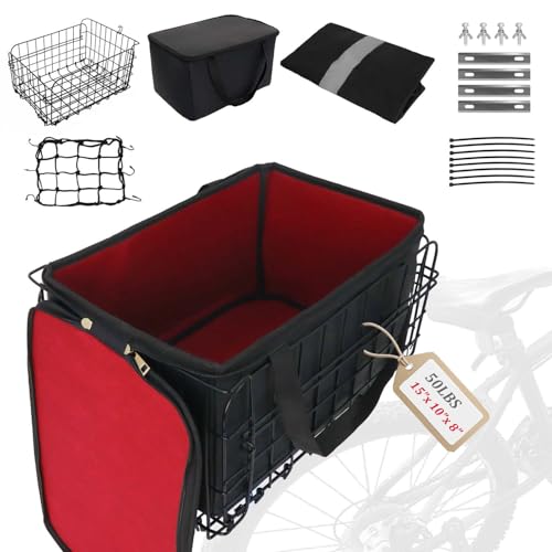 Folding Bike Basket, 50LBS Rear Bicycle Cargo Rack with Quick Release Design, PU Liner Bag and Rainproof Cover, Suitable for Most Bikes and Mountain Bikes