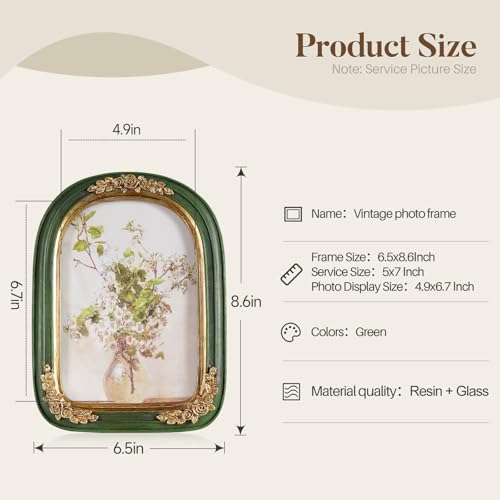 Vintage 5x7 Picture Frame, Ornate Gold Green Arch Frames Resin Photo Frame with Glass Front for Tabletop or Wall Display, Antique Decorative Frame for Home Decor or Gift