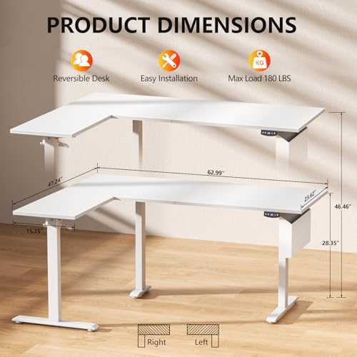Image of Korfile L Shaped Electric Standing Desk,63 Inch Adjustable Height Sit to Stand Corner Desk with Memory Presets, Reversible Computer Table for Home Office, Work and Study, White