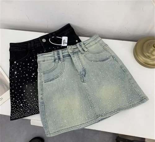 Women's Summer Rhinestones Denim Skirt Vintage Slimming A-Line Sheath Mini Jeans Skirts2