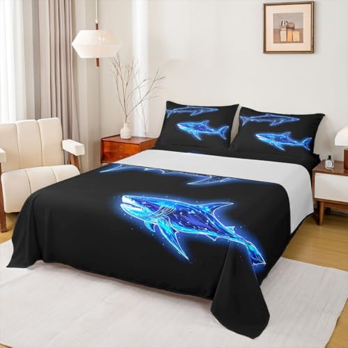 Homemissing Juego de sábanas de tiburón neón azul, tamaño doble, diseño de océano, sábana bajera ajustable de bolsillo profundo, juego de ropa de cama suave con estampado de criaturas marinas