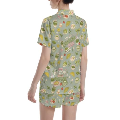 Image of Funny Pajamas for Women Set Print Satin Loungewear Pjs Short Sleeve Button Down Top and Shorts Sets Sleepwear XS-3XL