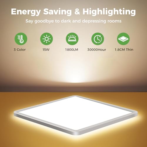 zemty Deckenlampe LED Deckenleuchte Flach, 3Farben - 3000K/4000K/6500K, IP44 Wasserfest Quadrat Badlampe Decke, 1800LM Modern LED Decklit für Flur küche Badezimmer Schlafzimmer Büro, Ø18CM