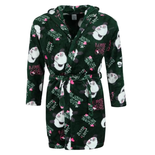 Girl's Panda Print Hooded Plush Robe, 10/12, Green