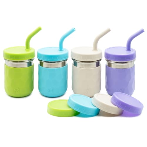 Image of WeeSprout 2-in-1 Drinking Cups for Kids, Durable Stainless Steel Tumbler for Smoothies, Silicone Straws with Stoppers, Premium Plastic Twist Lids, Easy-Grip Sleeves, Set of 4 Dishwasher Safe Kid Cups