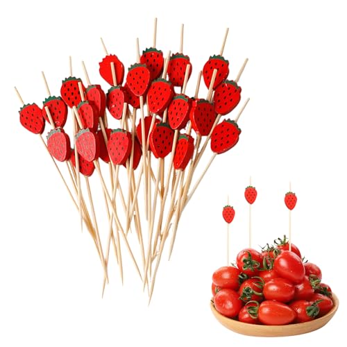 OKKRMGZ 50PCS Strawberry Picks Toothpicks Cute Fruit Sticks and Dipping Skewers for Strawberries Fun Floral Cocktail Picks Plastic Stick Picks for Arrangements Wedding Party and Appetizer Use