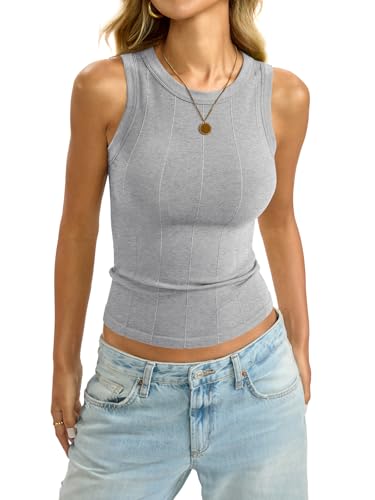Image of EasyGala Womens Ribbed Seamless Tank Knit Crew Neck Shirt Summer Fitted Sleeveless Top Casual Basic High Neck Clothes