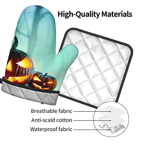 Halloween Pumpkin Oven Mitts And Pot Holders Set Heat Resistant Oven Glove And Potholder Kitchen Microwave Gloves For Baking Bbq Grilling Cooking Oven Mitts #TOP2