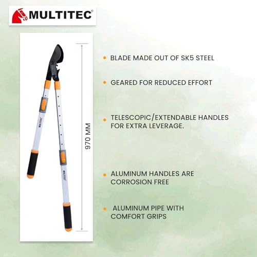 Image of MULTITEC BPL37XG Telescopic Bypass Lopper | 37-Inch Heavy Duty Branch Cutter for Green Wood | Power Gear Tree Pruner with Extendable Aluminium Handles & Shock-Absorbing Grip | Carbon Steel Blade