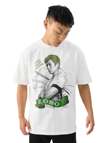 Image of The Souled Store Official One Piece: Roronoa Zoro Men and Boys Short Sleeve Round Neck White Graphic Printed Cotton Oversized T-Shirts