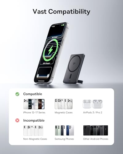 Image of Baseus Picogo Power Bank, Smallest Qi2 Certified 15W MagSafe Portable Charger, 0.5 inch Ultra Slim 5000mAh Magnetic Battery Pack with Stand, Alloy Wireless Charger for iPhone 17 Pro Max /17 Air /17e Series