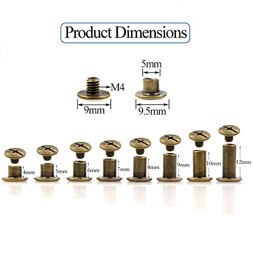 Alloygold Bronze Chicago Screws Leather Rivets Assorted ，8 Sizes Of Screw Rivets Chicago Screws For Decorate And Repair Leather Craft Belt Bag Shoes Purse Bookbinding (M5*4,5,6,7,8,9,10,12) #TOP4