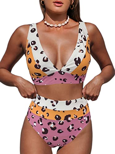 Image of Hilinker Women's Leopard Bikini Swimsuits V Neck High Waisted 2 Piece Bathing Suits