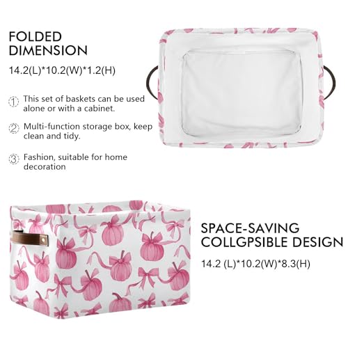 Image of Wamika Pumpkin Bow Pink Storage Basket with Waterproof Liner and PU Handles Fall Storage Bins Boxes 14.2 inch Collapsible Decorative Organizer Baskets for Bedroom Closet Office 2 Pack