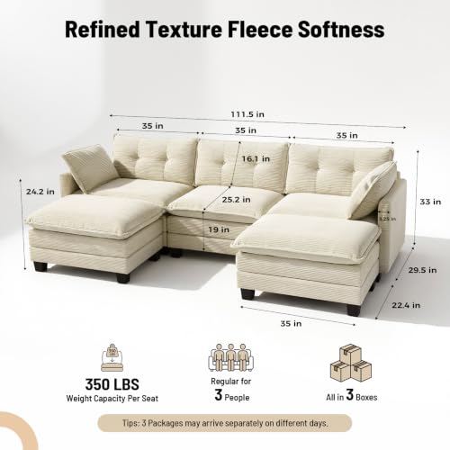 Image of Amsleekey 111.5 inch U Shaped Modular Sectional Sofa, Beige Corduroy