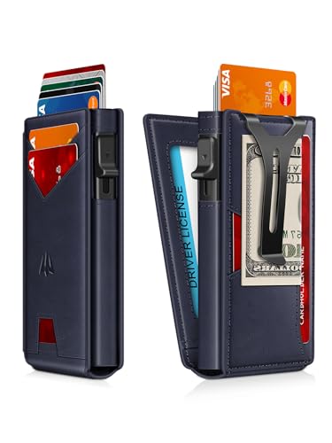 Image of Wallet for Men, Slim Minimalist Wallet with Money Clip&ID Window, RFID Blocking Pop-Up Credit Card Holder, Smart Auminum Mens Wallet Holds 9-13 Cards (Gift Box) (Blue)