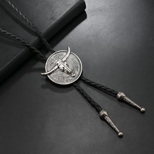 Image of Joxevyia Bolo Tie for Men Vintage Cow Skull Leather Rope Western Cowboy Necktie Vintage Bola Tie Gift for Him