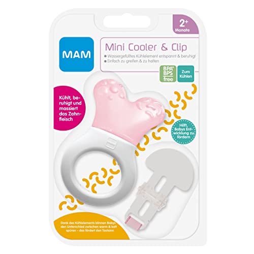 MAM Cooler & Clip kühlender Beißring, Zahnungshilfe mit Clip für einfaches Befestigen, extra kleiner und leichter Beißring für Babys, ab 2+ Monate, rosa