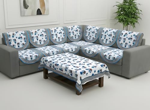 Image of Fab Nation Sofa Cover L Shape 5 Seater with Corner L Type Fully Covered Sofa Set for Living Room | Cotton Sofa Slipcovers for 3 + 2 Seaters Cover with 1 Table Cover | Garden Blue