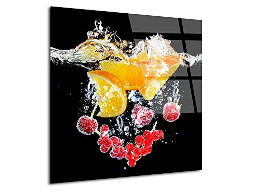 DECLINA – Tableau Mural Bain d'Orange et Fruits Rouges – Art Mural Cuisine Gourmande – Impression HD Sur Verre Acrylique – 30x30cm – Origine France