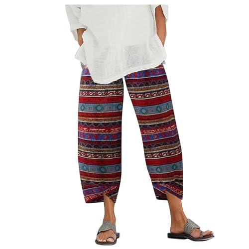 HOTYD Wide Leg Cropped Linen Pants for Women Loose Capri Pants for Women Casual Summer Boho Tribal Ethnic Pants Baggy Elastic Waisted Yoga Trousers Comfy Wide Leg Travel Pants Ethnic L