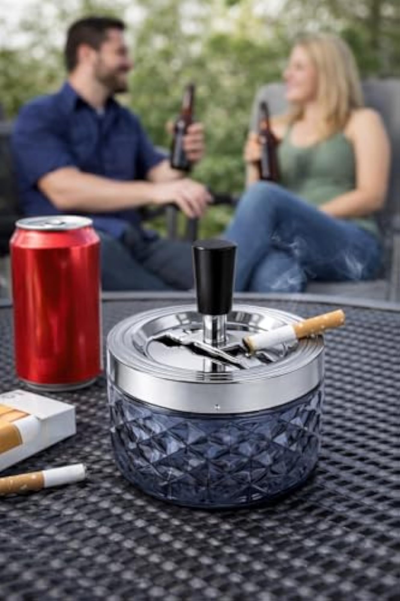 Round Push Down Glass Ashtray with Spinning Tray