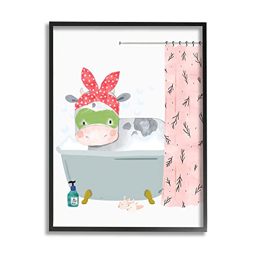 Stupell Industries Children's Farm Cow Bath Tub Bunny Slippers Bathroom Black Framed Wall Art, White