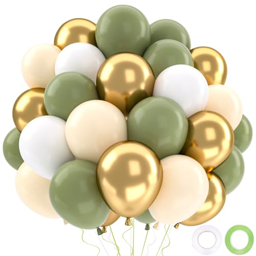 Balões de aniversário verde e dourado, 52 peças balões verde e branco metálicos dourados, balão de decoração sálvia brancos dourados para batizados casamento Baby Showers, 12 polegadas