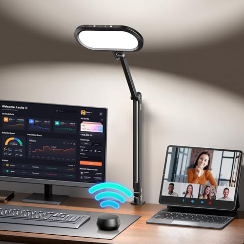 Image of LED Desk Lamp for Home Office, Double-Sided Desk Light with Stepless Dimmable Knob, Memory, Adjustable Arm Clip for Video Recording, Zoom Call, Studio