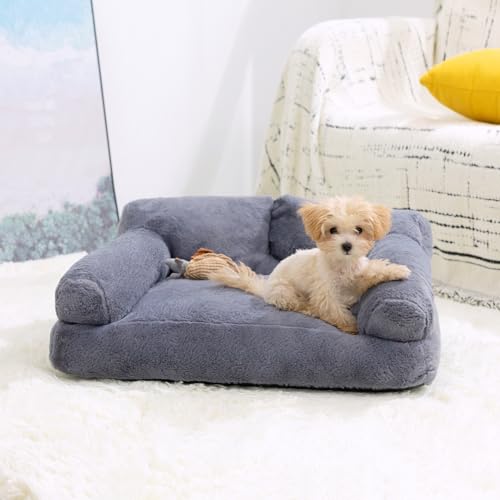 Hollypet Katzenbett Kleines Hundebett, Flauschiges Plüsch Katzensofa für Katzen und Welpen, Weiches Schlafsofa für Haustiere Atmungsaktives Haustierbett, Dunkelgrau
