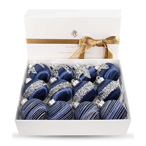 Lot de 12 Boules de Noël en Satin à Suspendre pour Sapin de Noël, décoration d'intérieur de Luxe pour Couronne de Sapin de Noël, Guirlande de Vacances, décoration de fête de Mariage (Bleu)