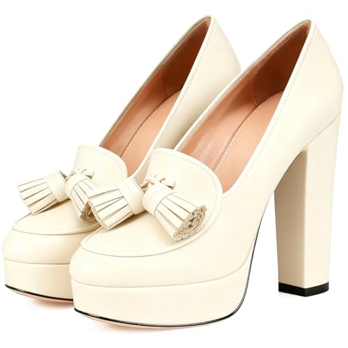 Image of SHODENSE Women Vintage Chunky Platform Loafers Pumps Tassel Round Closed Toe Slip On Suede Block High Heel Dress Loafer Shoes Buckle Strap Oxford Loafers Fringe Pump Dressy Chic Sexy Y2k 4-11 M US