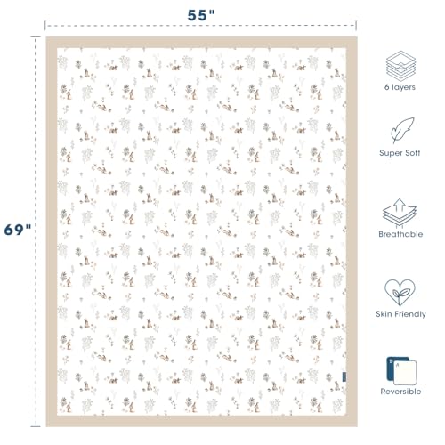 Image of GRSSDER Cotton Muslin Quilt Blanket - Silky Soft and Breathable Kids' Throw Blanket, Oversized Muslin Blankets for Newborns, Toddlers & Kids, 6 Layers Reversible Design for All Seasons, 55 inch x 69 inch