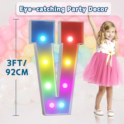Image of Imprsv Colorful 3FT Marquee Letters V, 18 Colors Large Light up Letters | RGB with Remote, Birthday Party Decorations Anniversary Wedding Decorations Assembly Required 21 Pcs Accessory Set
