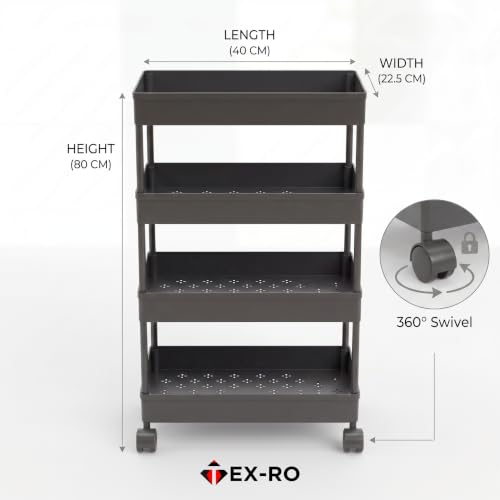 Image of TEX-RO Plastic Storage Rack for Bedroom | Shelf for Bedroom | Bathroom Storage Rack | Trolley for Kitchen Storage | Multipurpose Storage Rack (Black, 4 Layer)