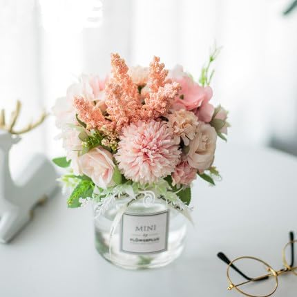 Miniatura 4 de Sunnyskar - Juego de flores artificiales pequeñas, arreglos de macetas de Ikebana, arreglos florales de mesa, flores falsas y jarrón (color N)