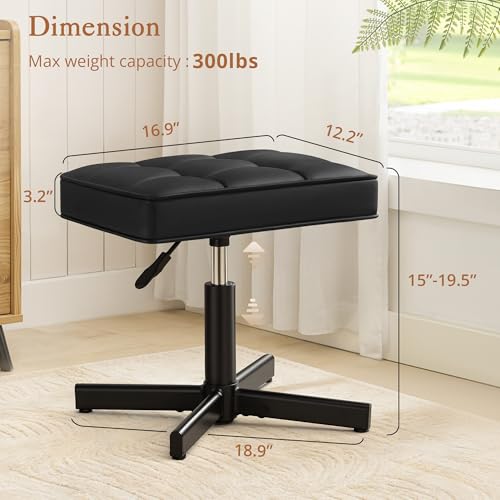 Image of LUE BONA Adjustable Vanity Stool, Foot Rest Under Desk, 360 Swivel Vanity Chair for Makeup Room, Black Upholstered Faux Leather Ottoman for Bathroom & Living Room, 300lbs