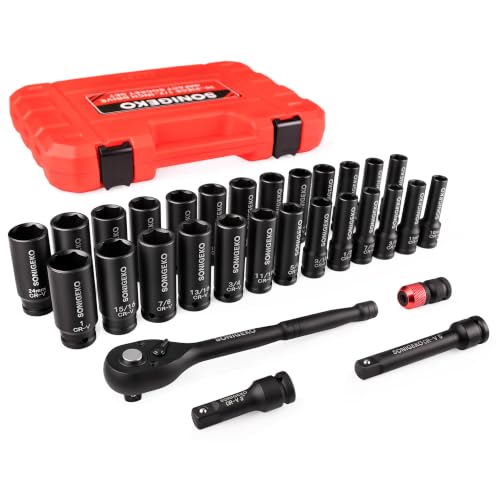 Image of 30-Piece 1 /2 inch Drive Impact Socket Set, 6-Point Deep SAE & Metric CR-V Steel Sockets with 3 inch, 5 inch Extension Bars, Ratchet Wrench & Bit Adapter