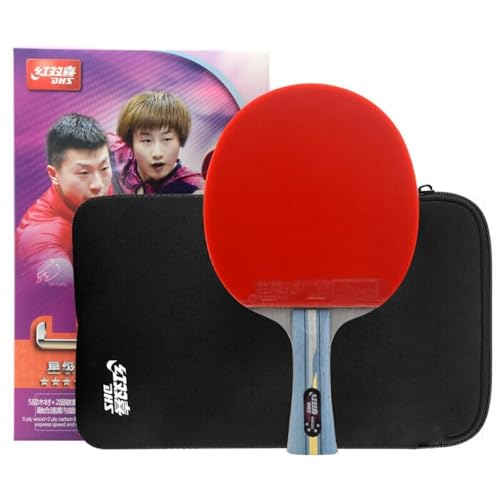 Ppbigu Double Happiness Table Tennis Racquet 4 Star R4002C/4006C, DHS 7 Ply Carbon Blade Pingpong Paddle with Red and Black Pims in Rubbers with Free Rubber Protective Films (R4002C-Long)